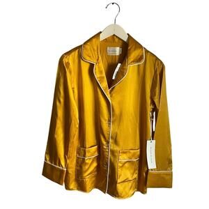 Maison Du Soir Gold Silk/Cotton Blend Button Down Pajama Top Blouse XS